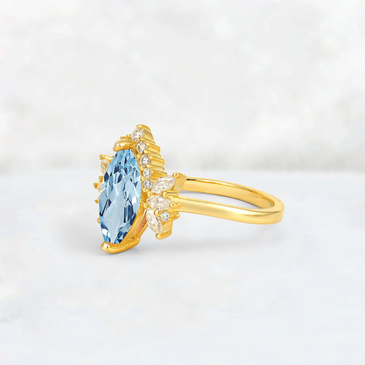 Marquise Cut Aquamarine Floral Side Stone Engagement Ring - Additional view