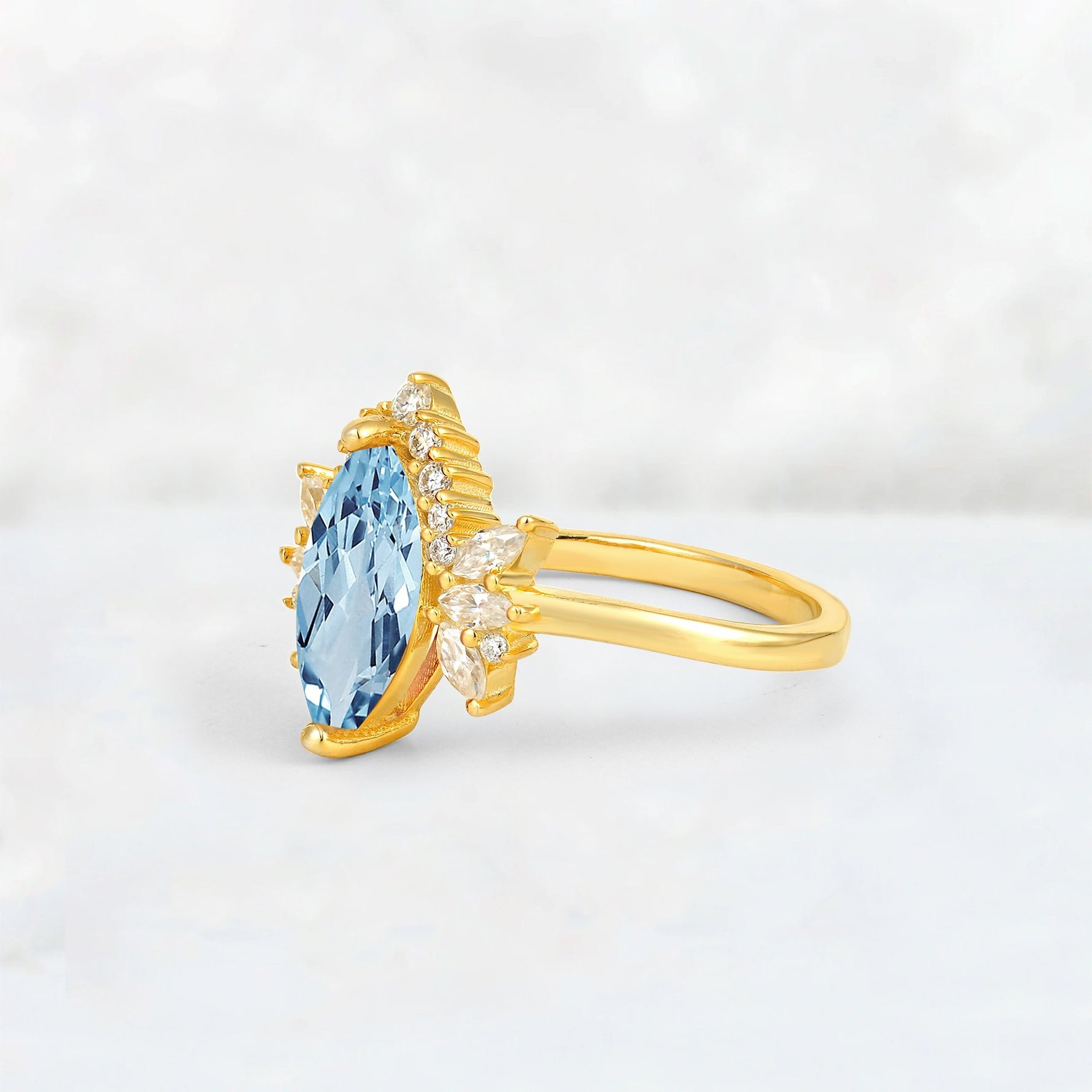 Marquise Cut Aquamarine Floral Side Stone Engagement Ring - Additional view