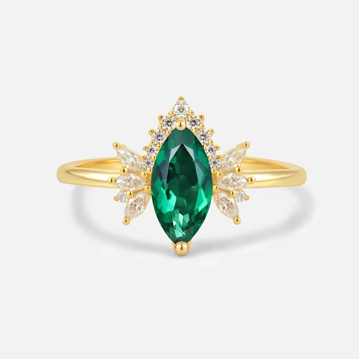 Marquise Cut Emerald Floral Side Stone Engagement Ring