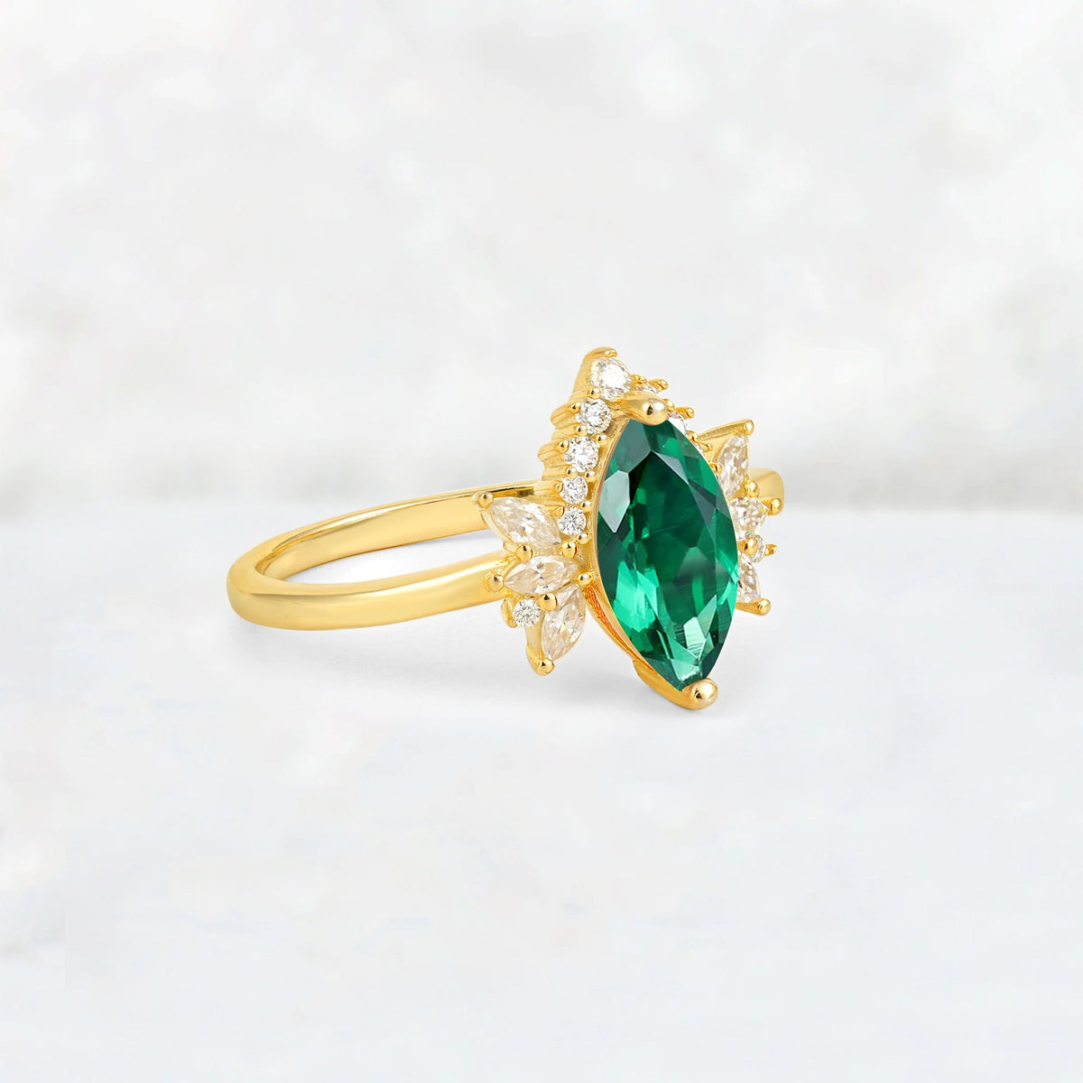 Marquise Cut Emerald Floral Side Stone Engagement Ring - Additional view