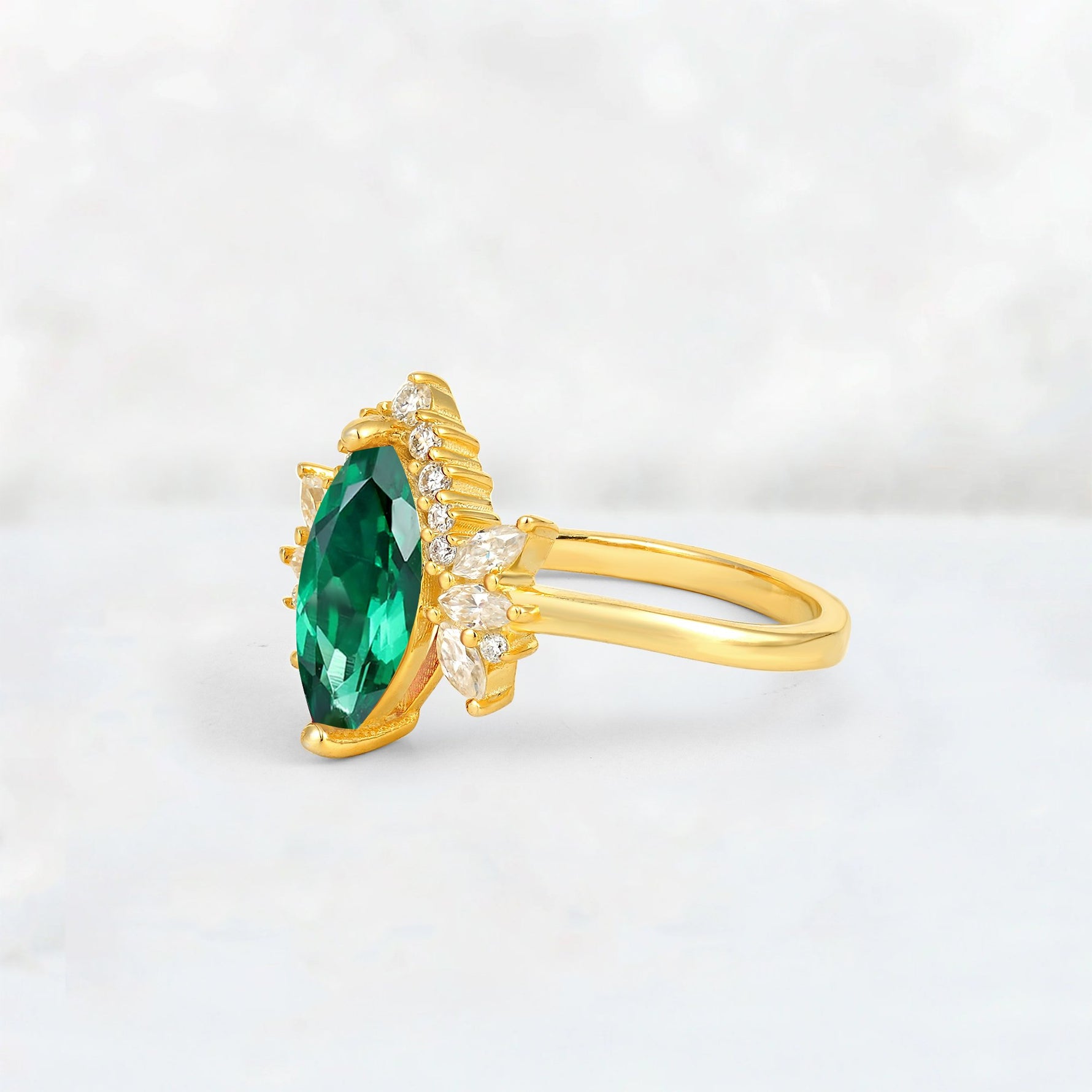Marquise Cut Emerald Floral Side Stone Engagement Ring - Additional view