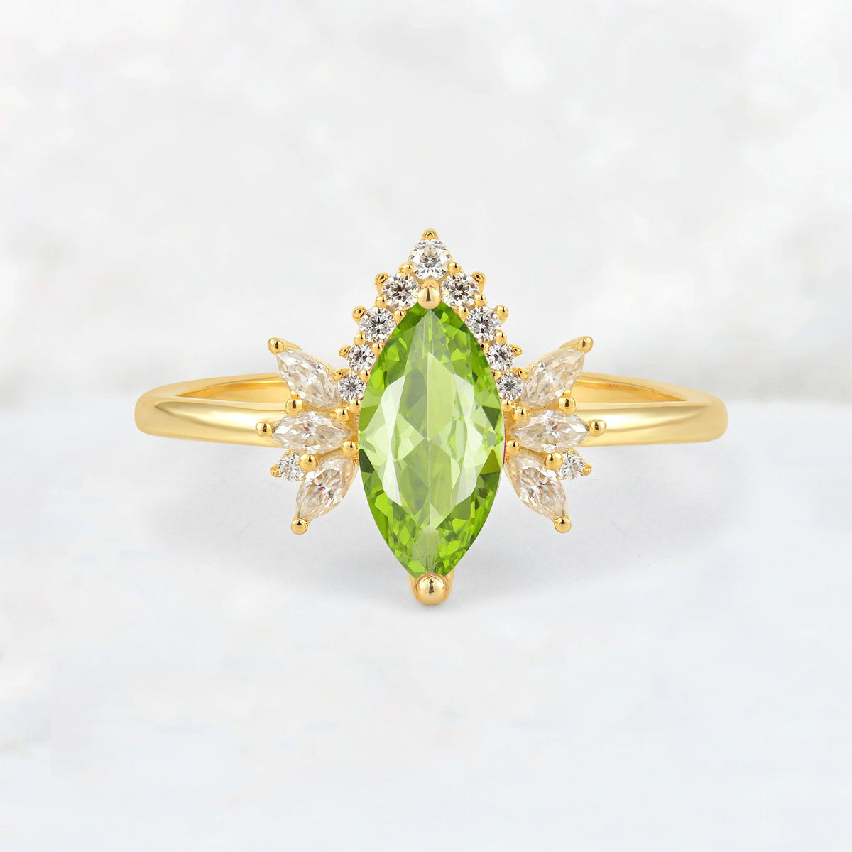 Marquise Cut Peridot Floral Side Stone Engagement Ring - Additional view