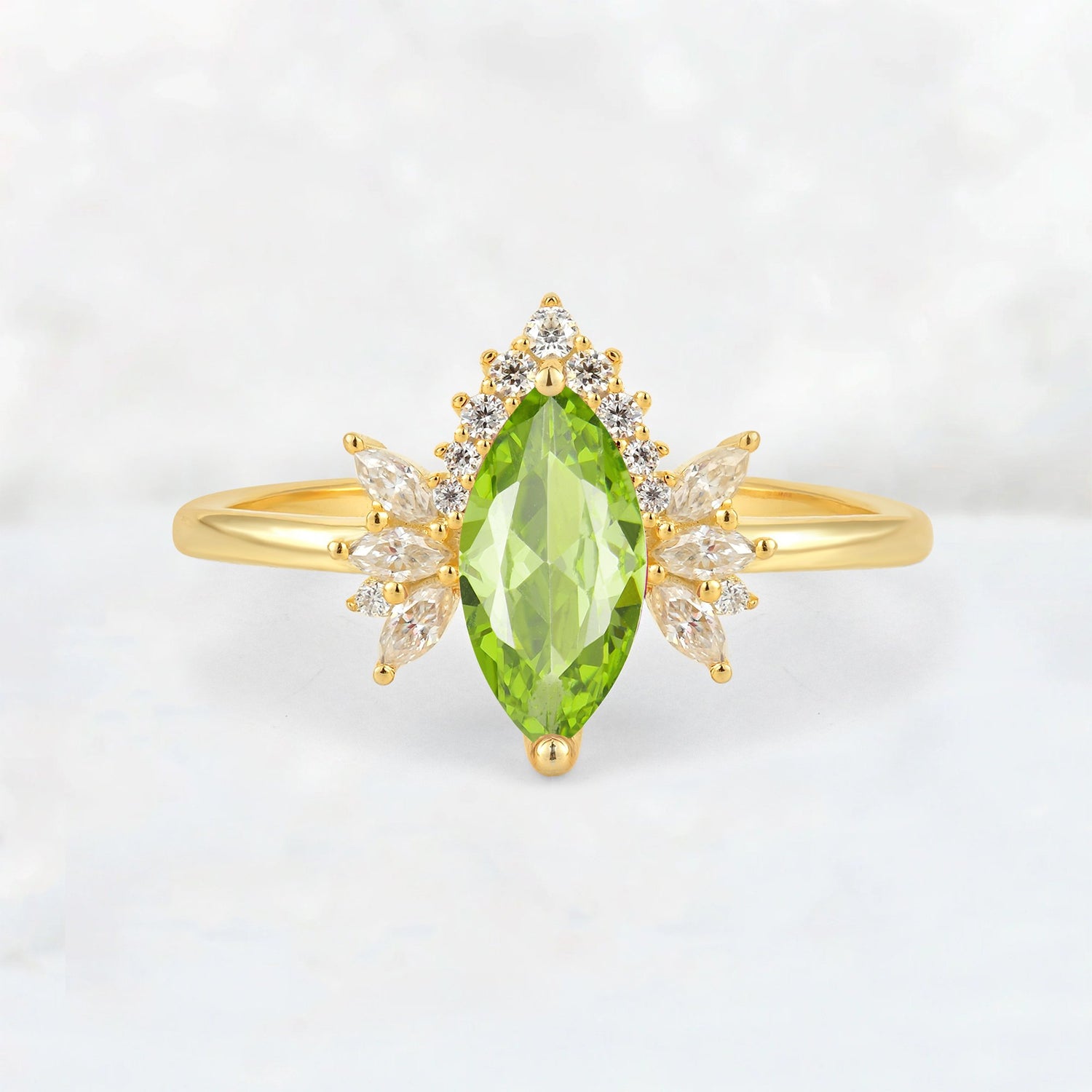 Marquise Cut Peridot Floral Side Stone Engagement Ring - Additional view