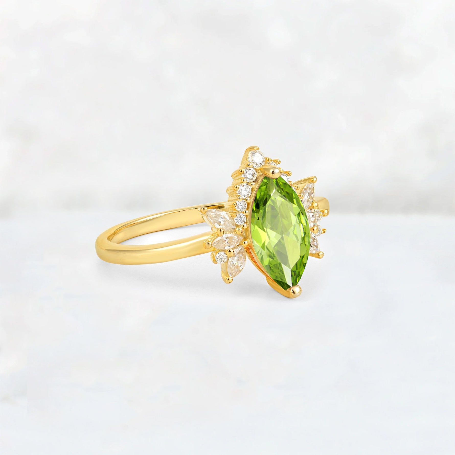 Marquise Cut Peridot Floral Side Stone Engagement Ring - Additional view