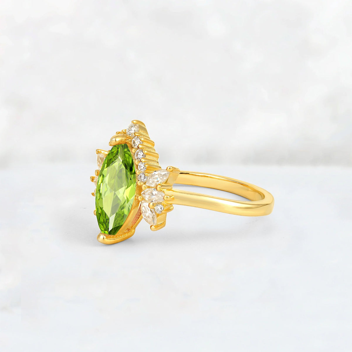 Marquise Cut Peridot Floral Side Stone Engagement Ring - Additional view
