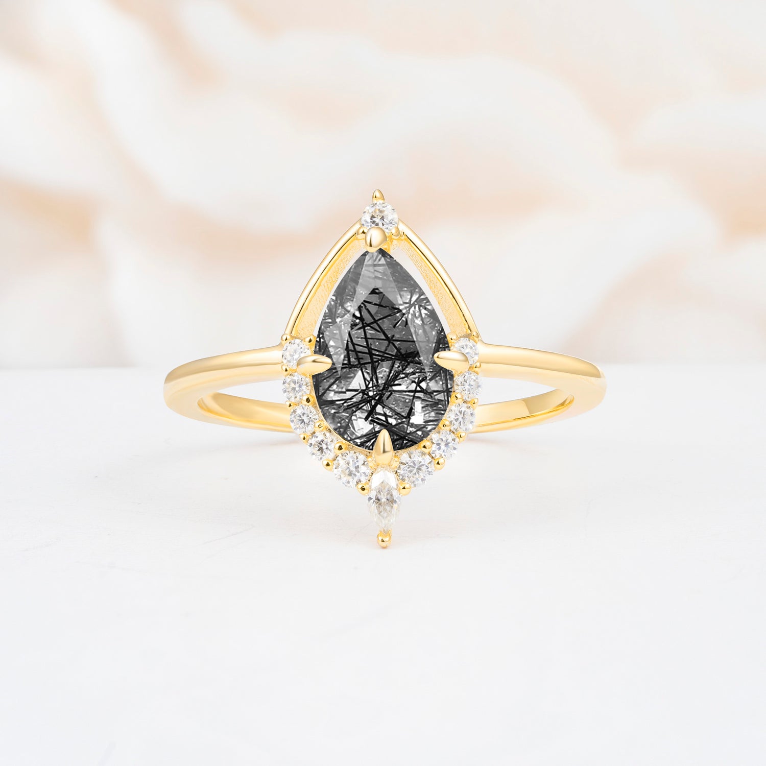 ML07057 Black Rutilated Quartz Ring - Yellow-Gold