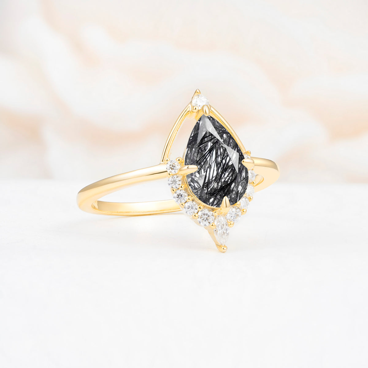 ML07057 Black Rutilated Quartz Ring - White-Gold