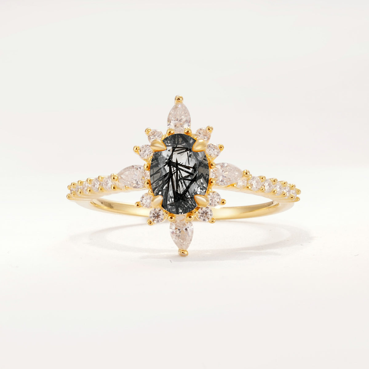 ML07058 Black Rutilated Quartz Ring - Yellow-Gold