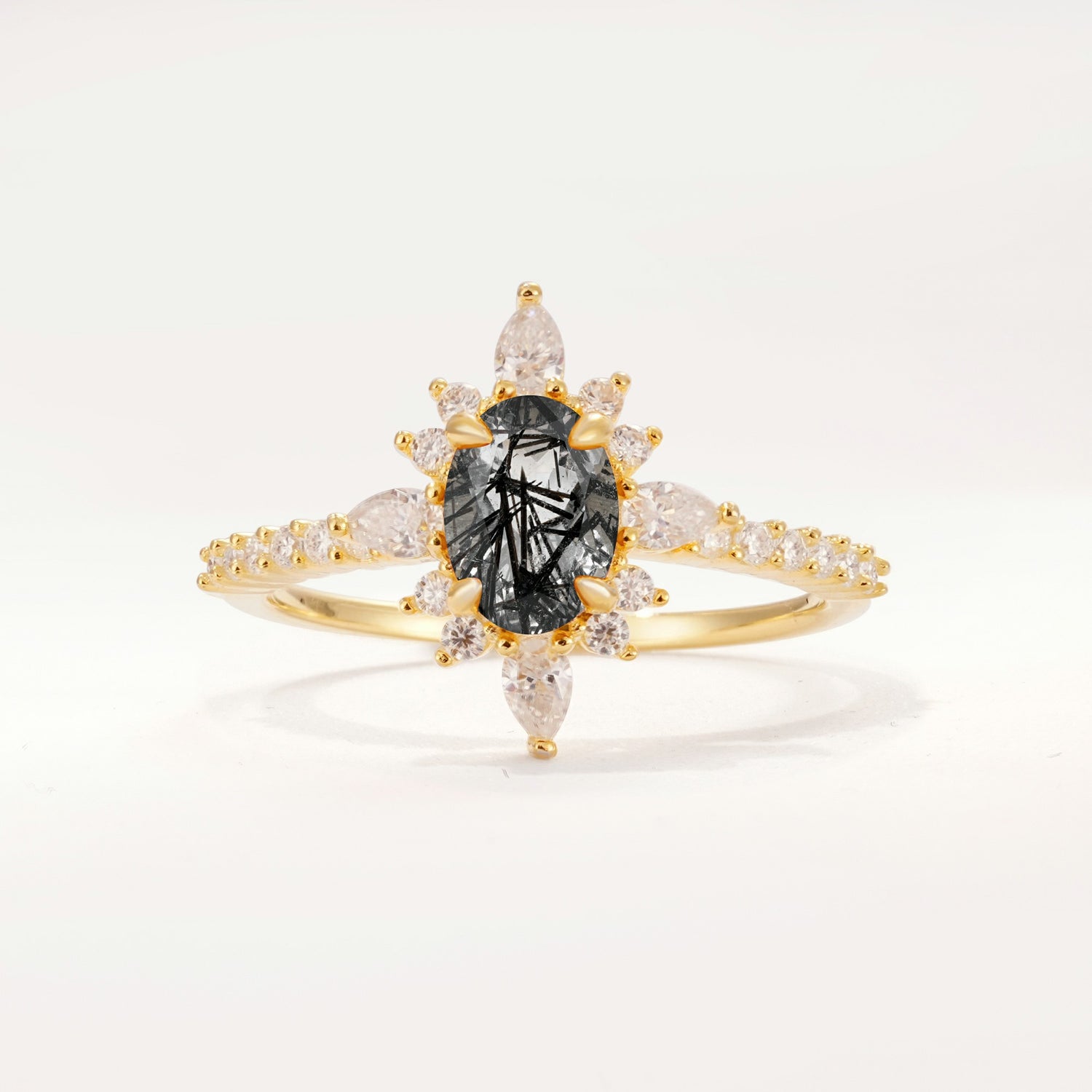 ML07058 Black Rutilated Quartz Ring - Yellow-Gold