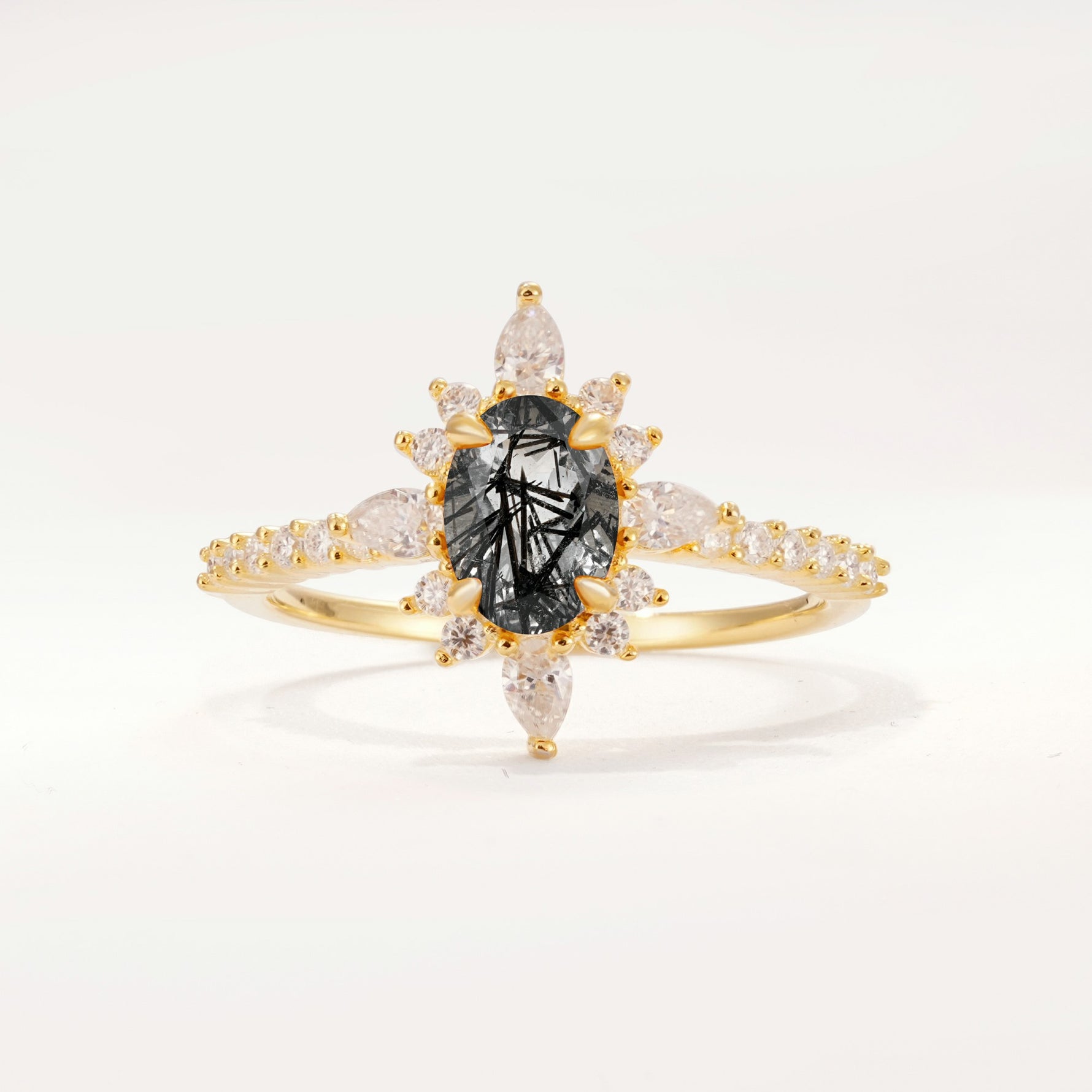 ML07058 Black Rutilated Quartz Ring - Yellow-Gold