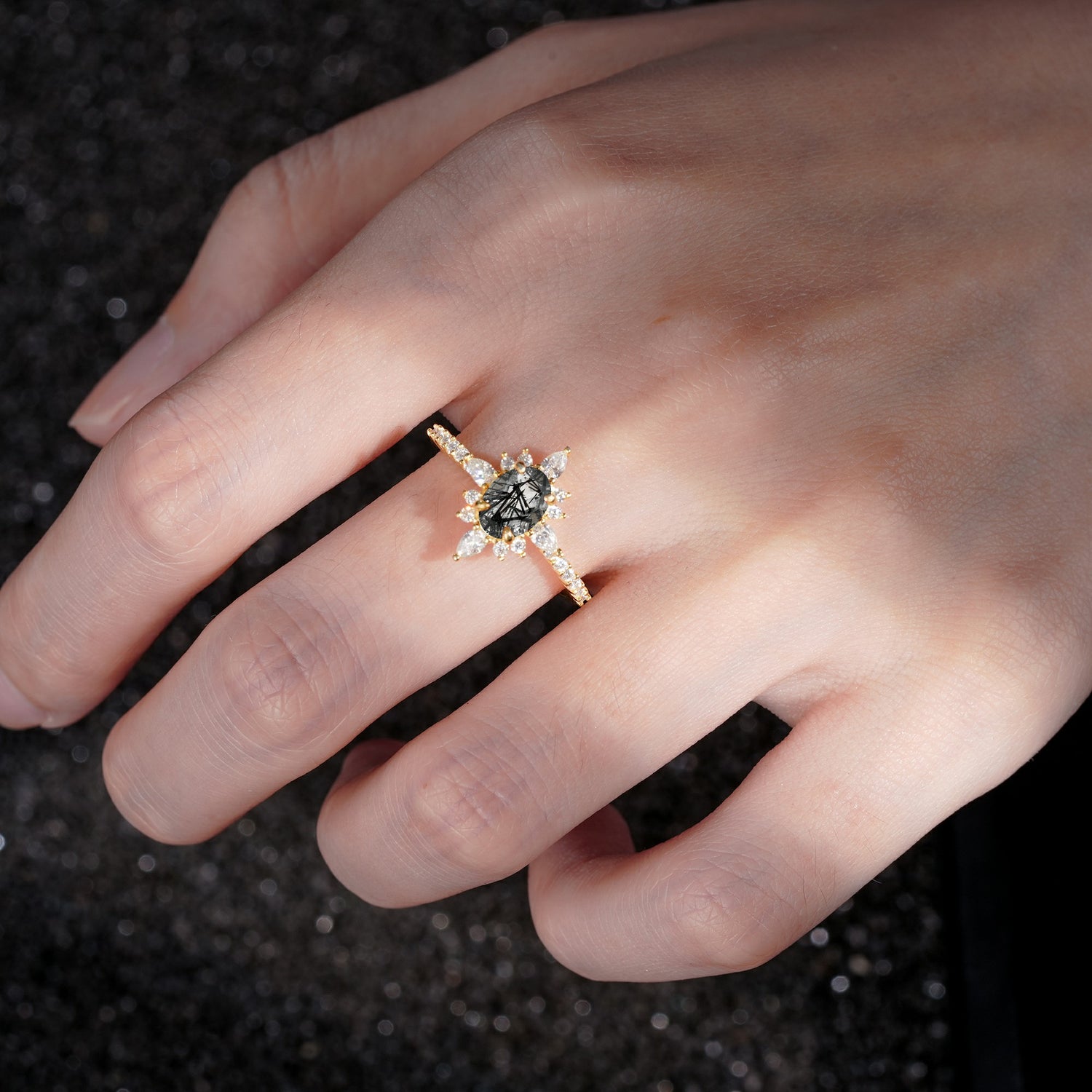 ML07058 Black Rutilated Quartz Ring - Rose-Gold