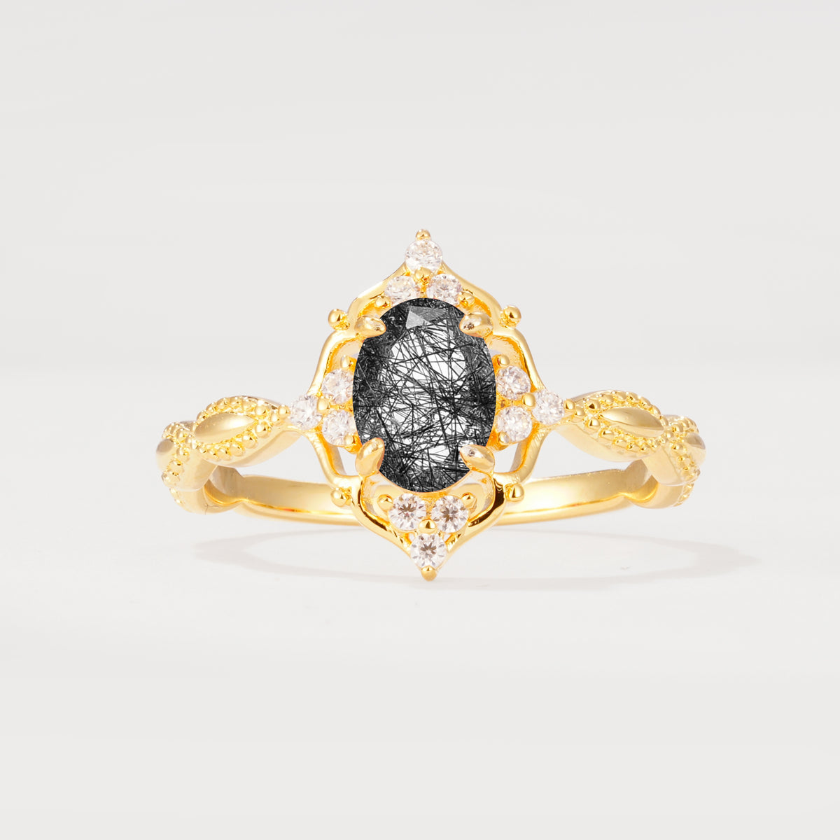 ML07059 Black Rutilated Quartz Ring - Yellow-Gold