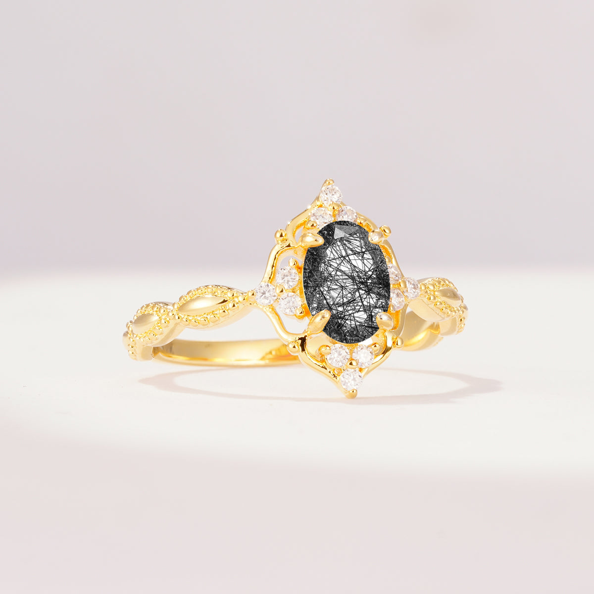 ML07059 Black Rutilated Quartz Ring - White-Gold