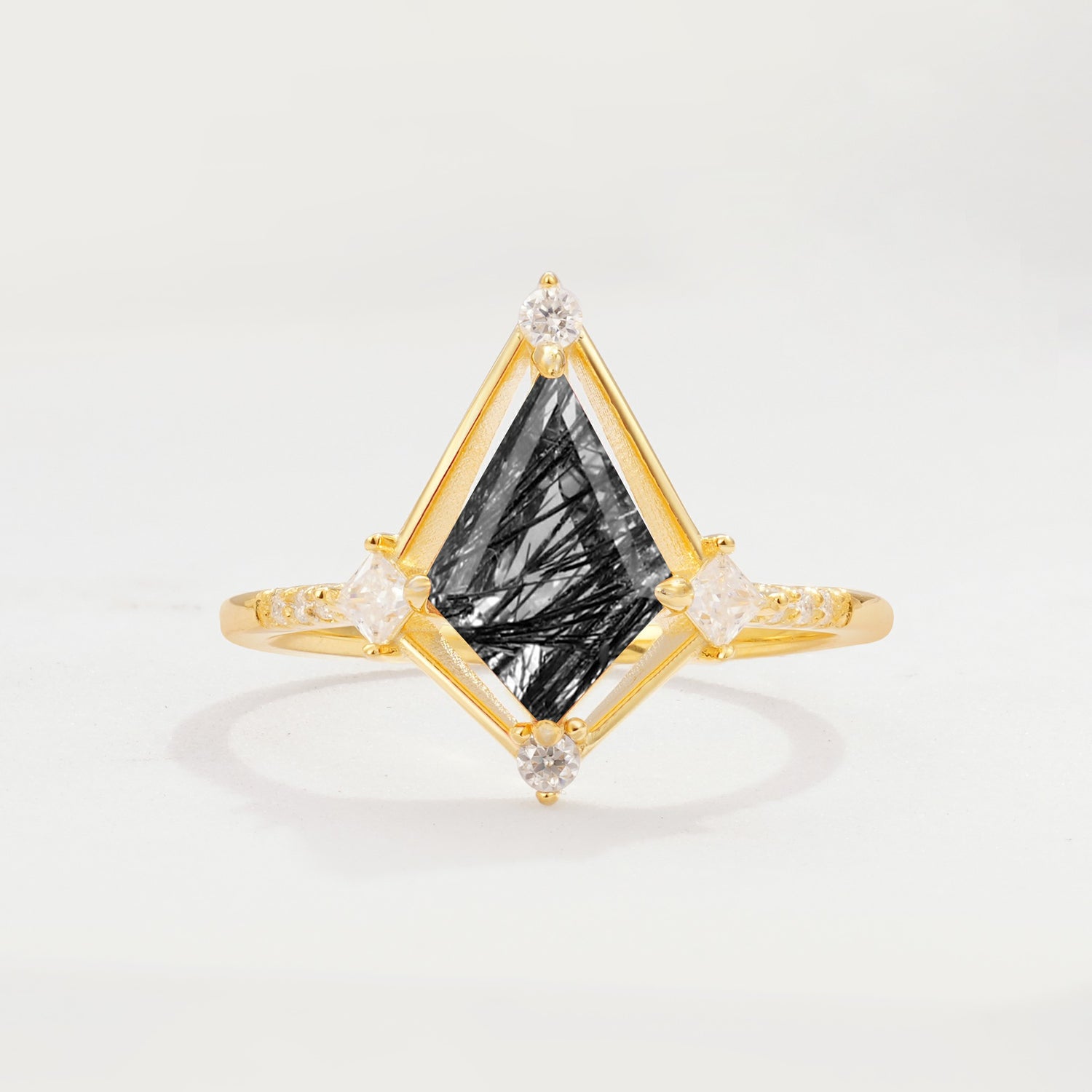 ML07060 Black Rutilated Quartz Ring - Yellow-Gold