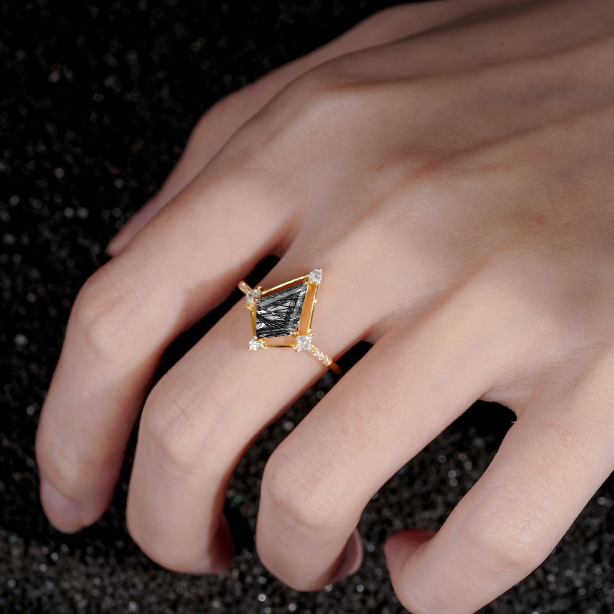 ML07060 Black Rutilated Quartz Ring - Rose-Gold
