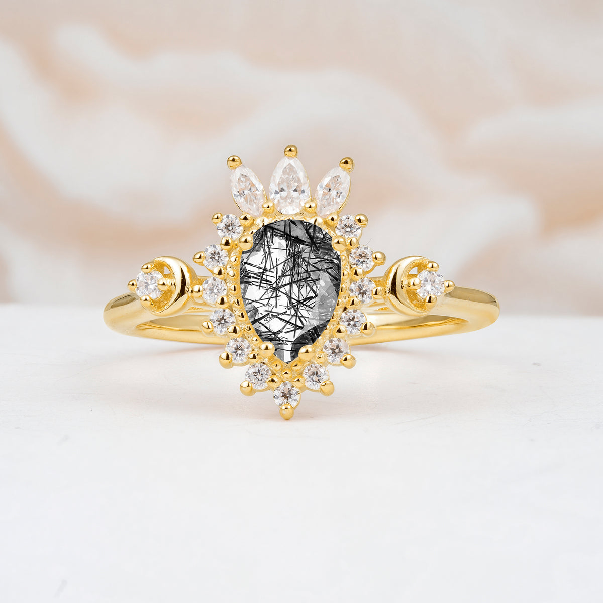 ML07061 Black Rutilated Quartz Ring - Yellow-Gold