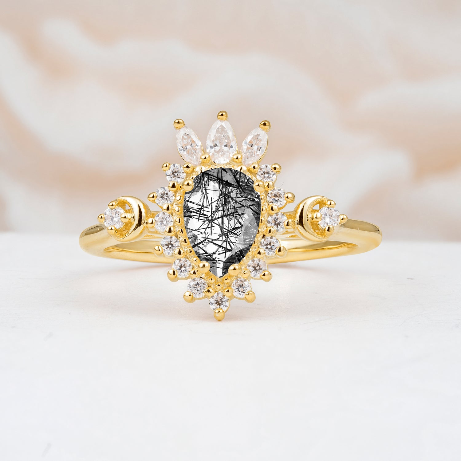 ML07061 Black Rutilated Quartz Ring - Yellow-Gold
