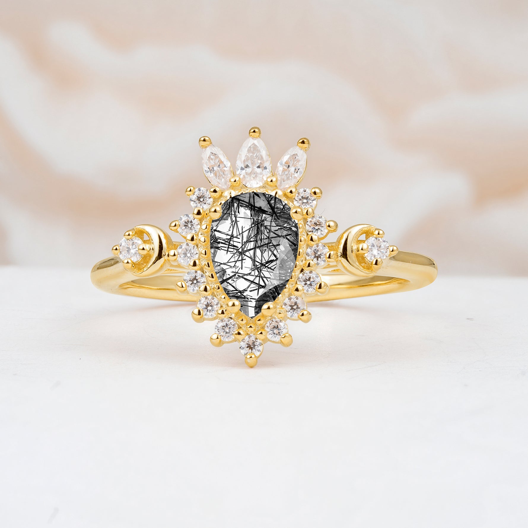 ML07061 Black Rutilated Quartz Ring - Yellow-Gold