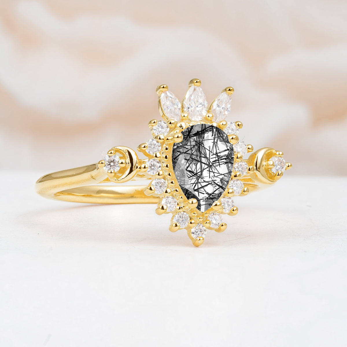 ML07061 Black Rutilated Quartz Ring - White-Gold