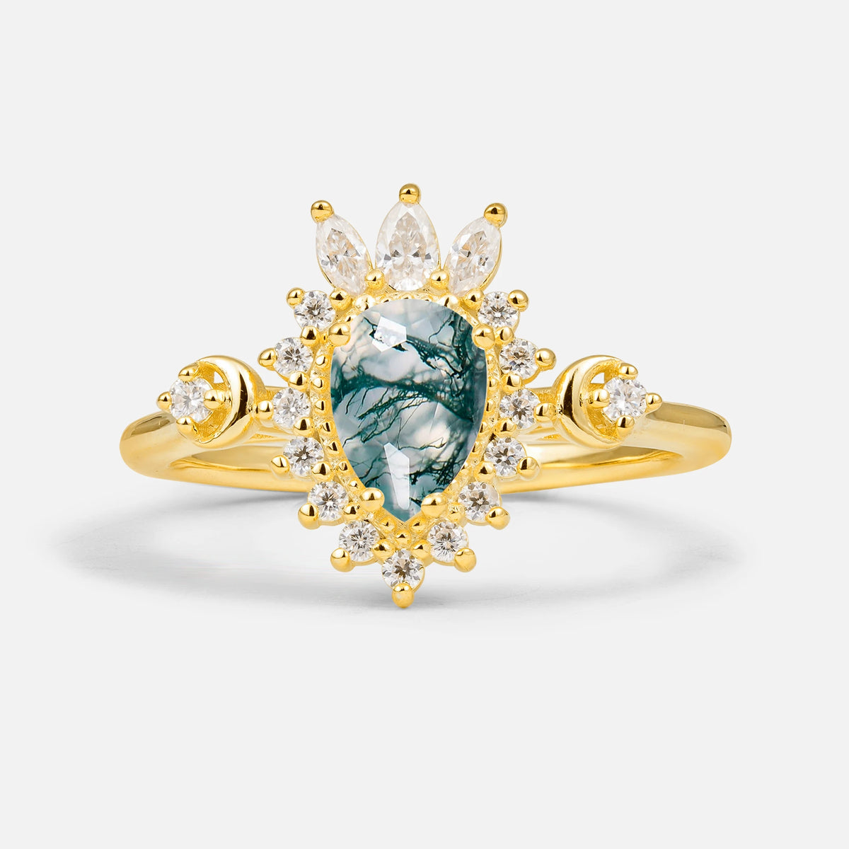 Vintage Pear Cut Moss Agate Ring Crown Halo Engagement Ring