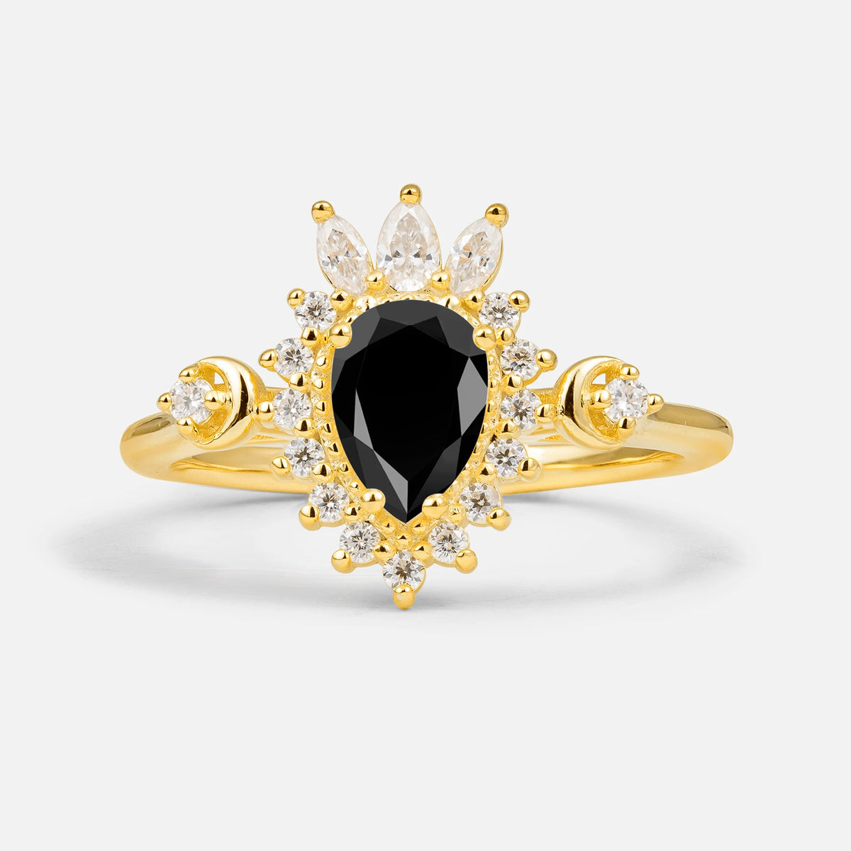 Vintage Pear Cut Black Onyx Ring Crown Halo Engagement Ring