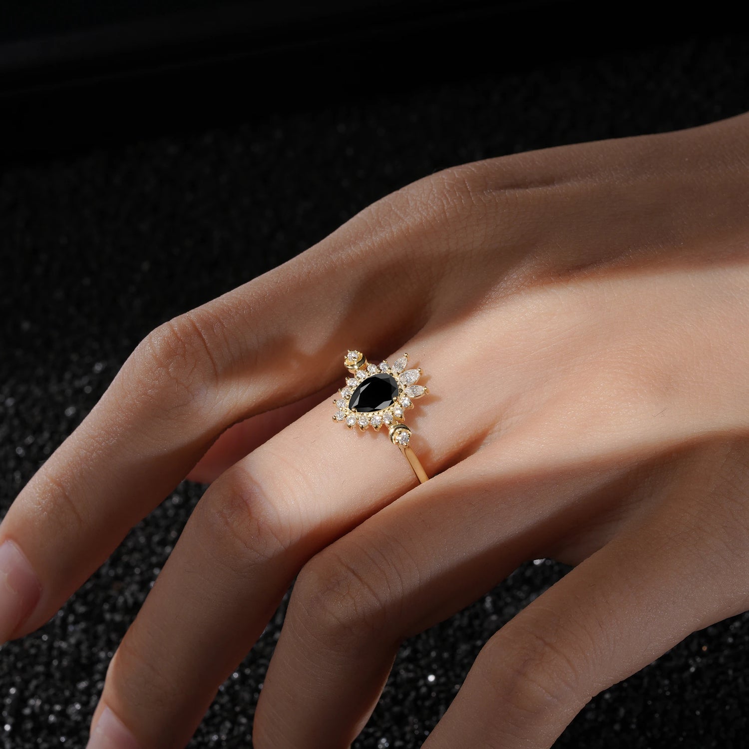Vintage Pear Cut Black Onyx Ring Crown Halo Engagement Ring