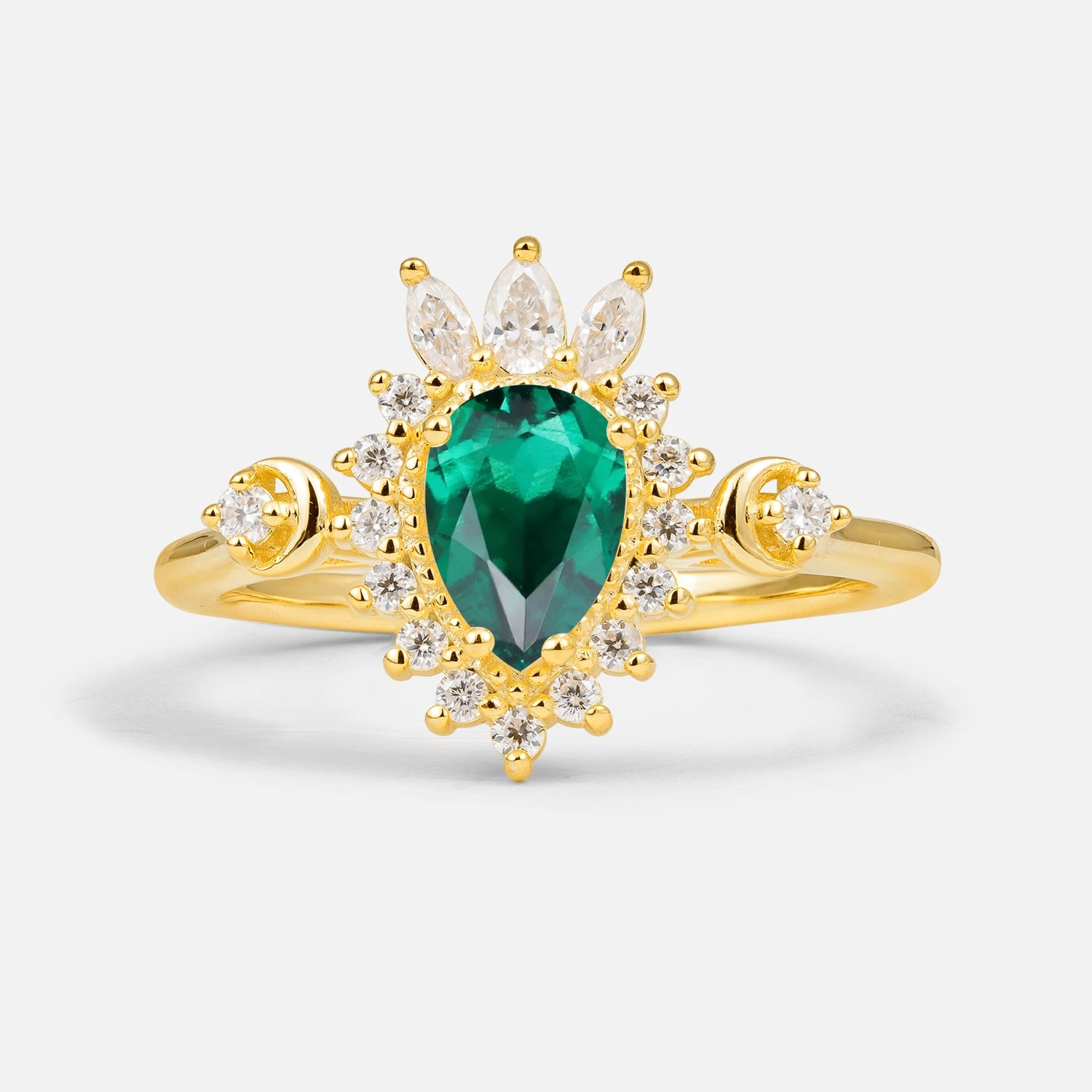 Vintage Pear Cut Emerald Ring Crown Halo Engagement Ring