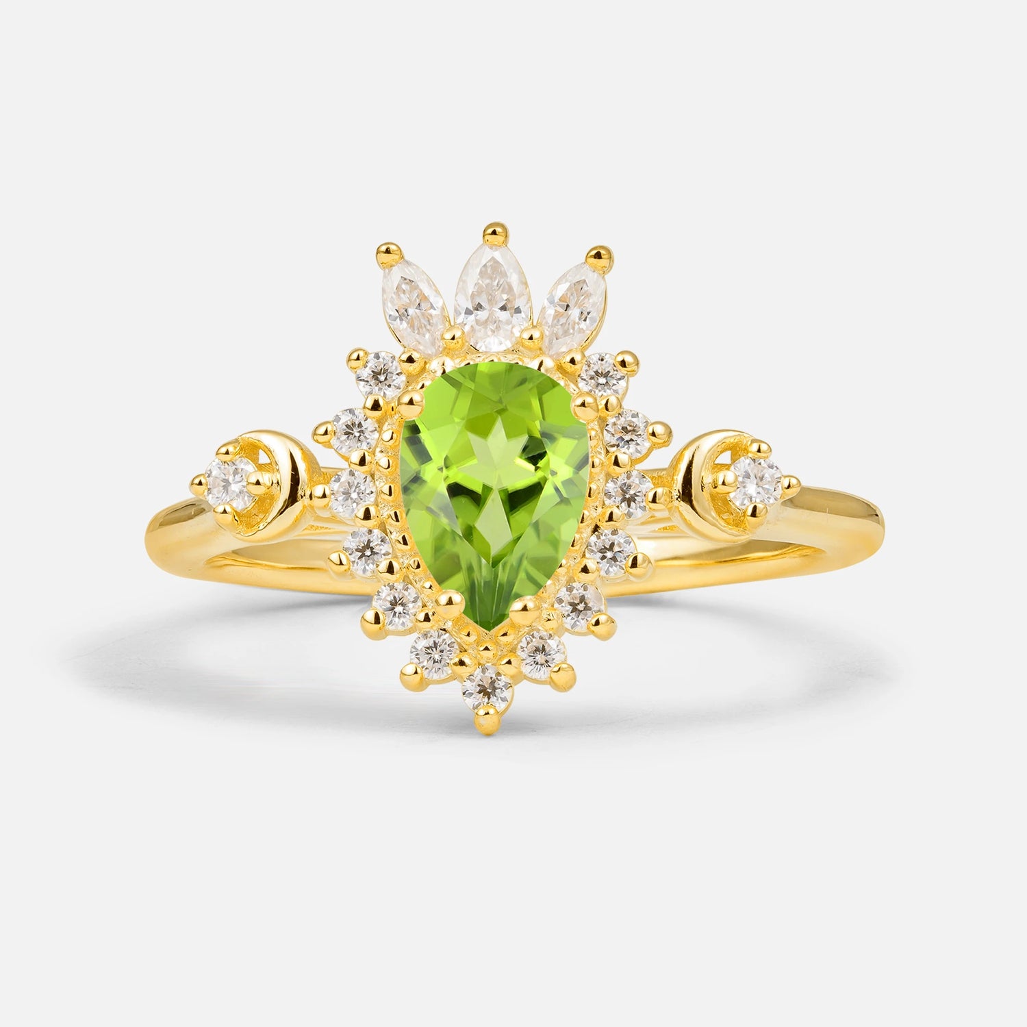Vintage Pear Cut Peridot Ring Crown Halo Engagement Ring