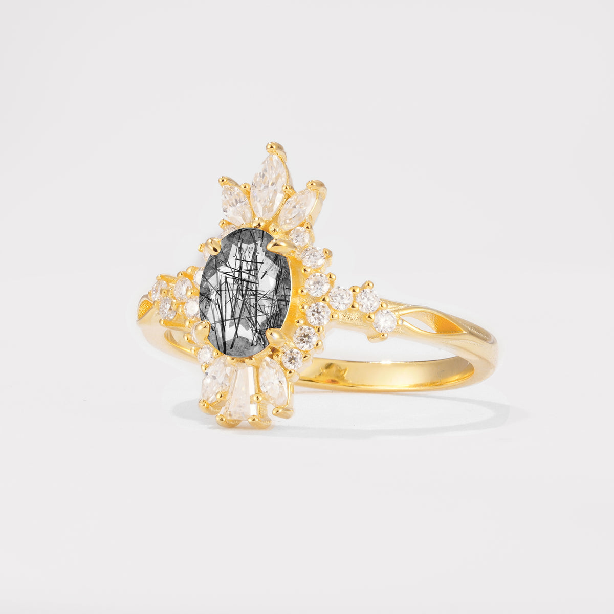 ML07062 Black Rutilated Quartz Ring - White-Gold
