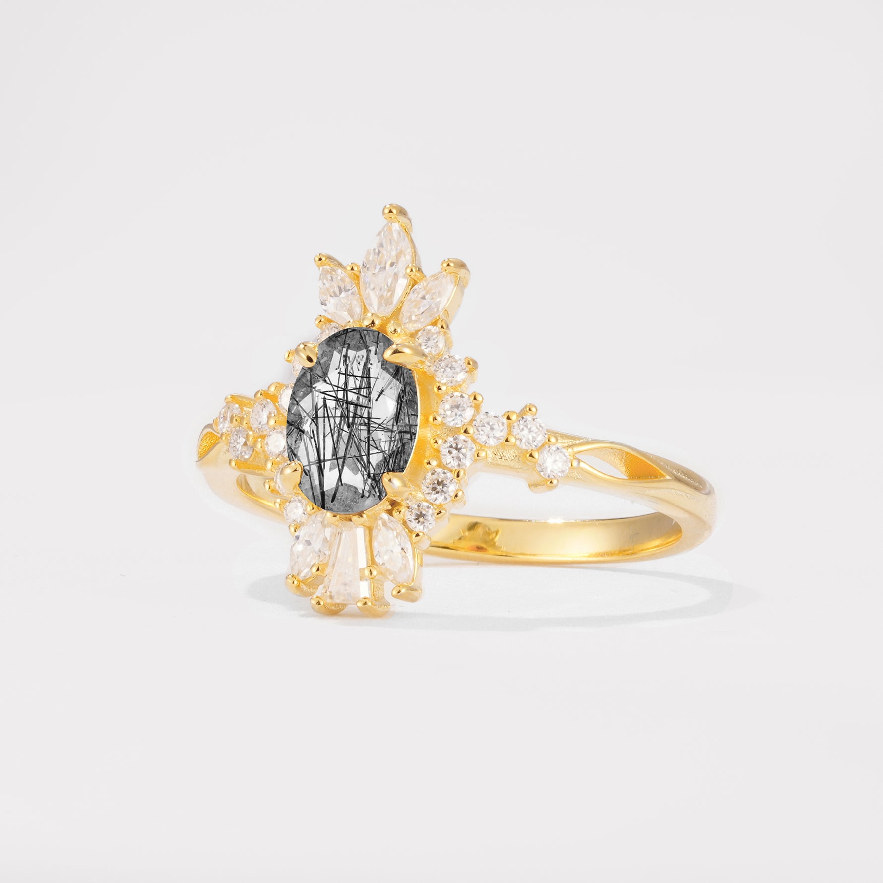 ML07062 Black Rutilated Quartz Ring - White-Gold