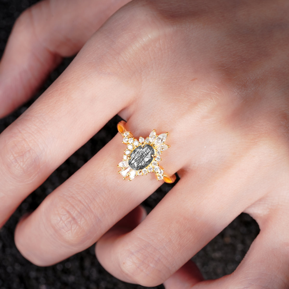 ML07062 Black Rutilated Quartz Ring - Rose-Gold