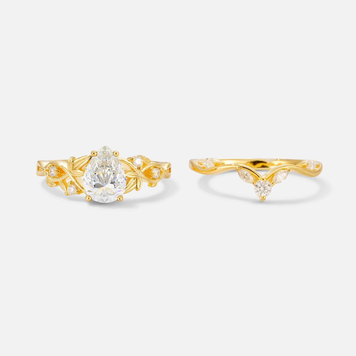 Pear Cut Moissanite Nature-Inspired Bridal Ring Set - White-Gold