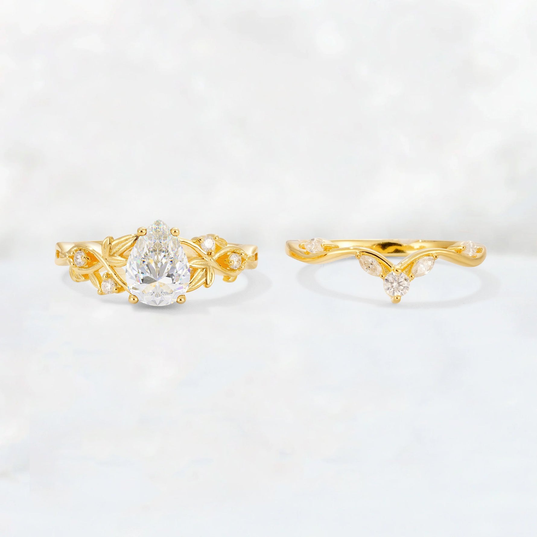 Pear Cut Moissanite Nature-Inspired Bridal Ring Set - White-Gold