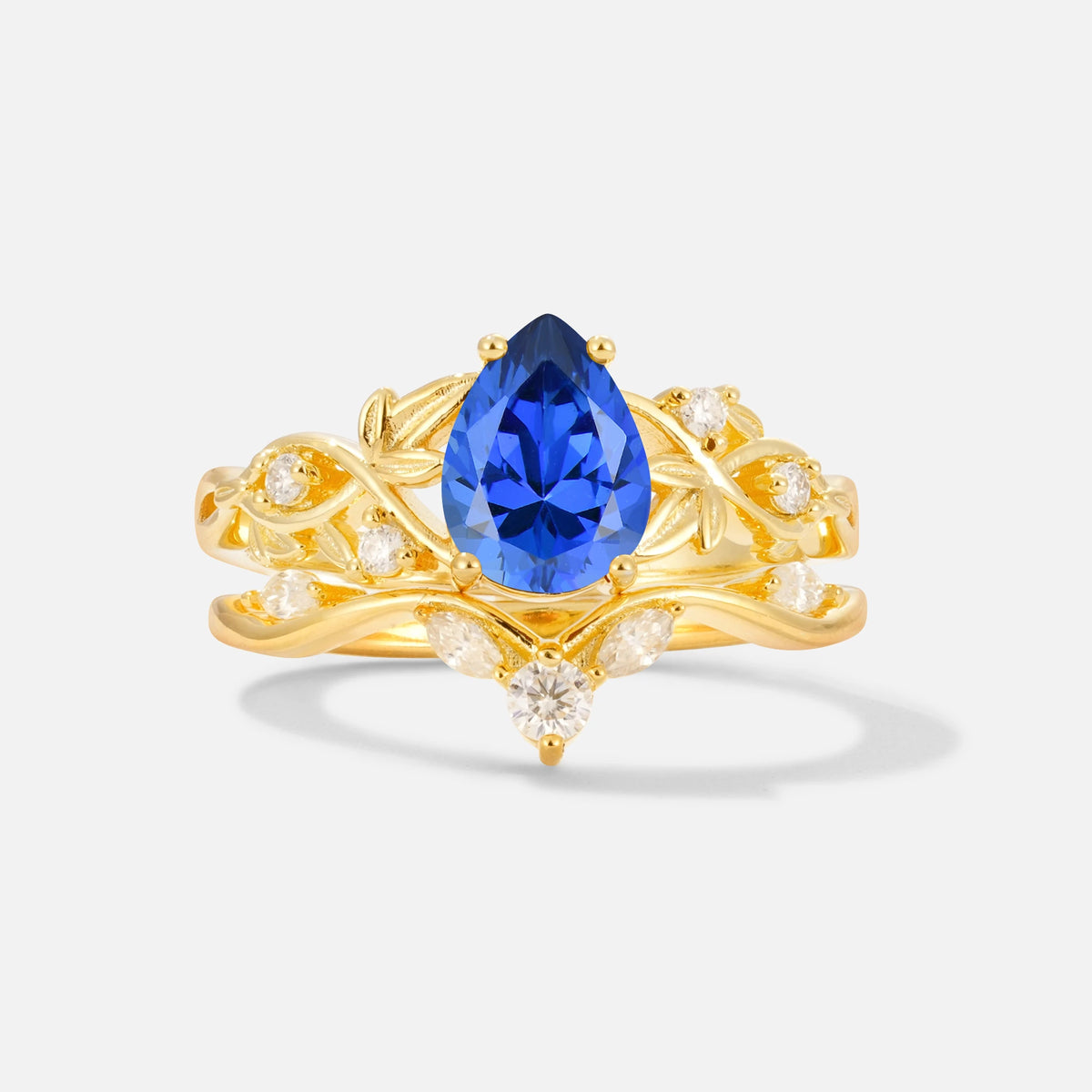 Pear Cut Sapphire Nature-Inspired Bridal Ring Set - Yellow-Gold