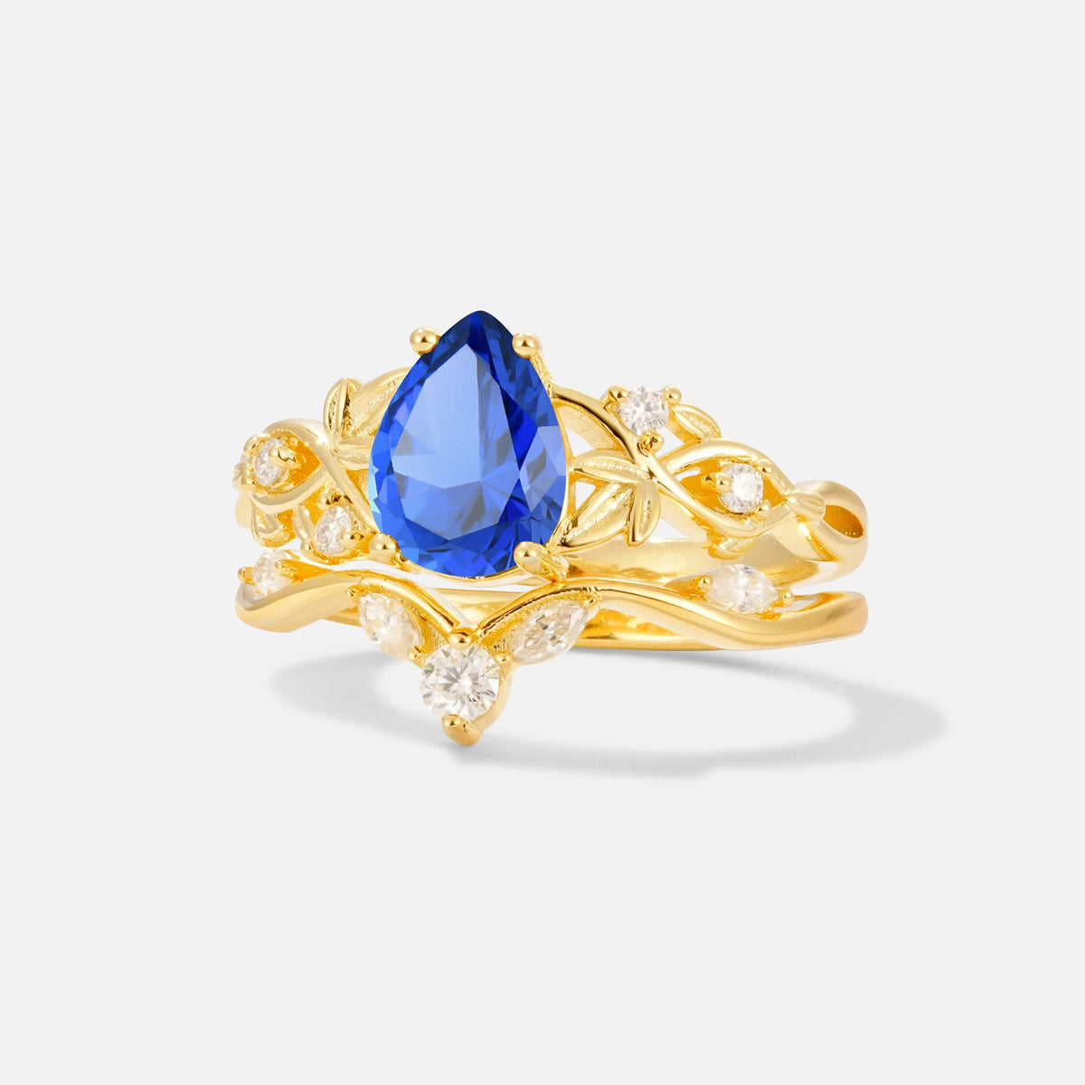 Pear Cut Sapphire Nature-Inspired Bridal Ring Set - Rose-Gold