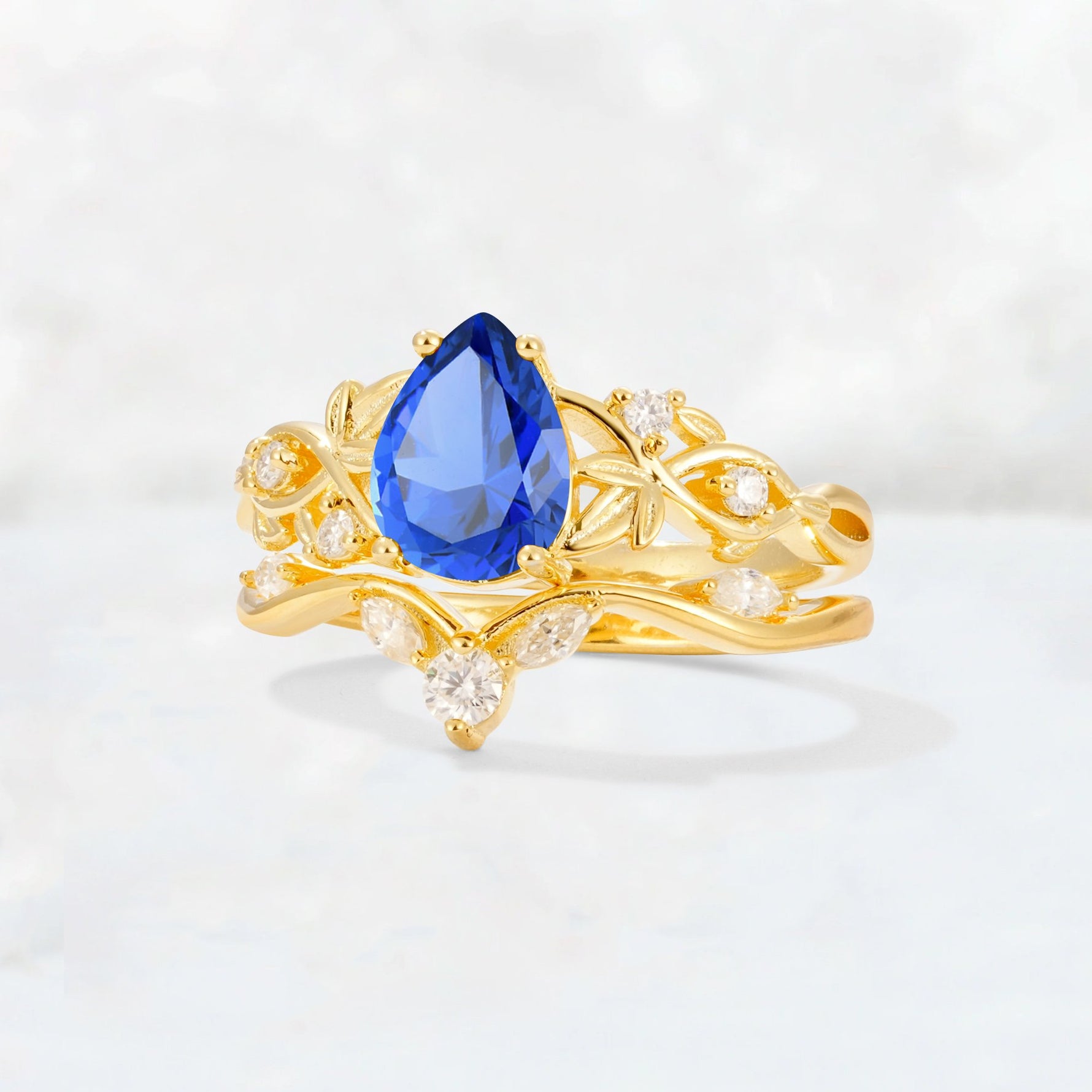 Pear Cut Sapphire Nature-Inspired Bridal Ring Set - Rose-Gold