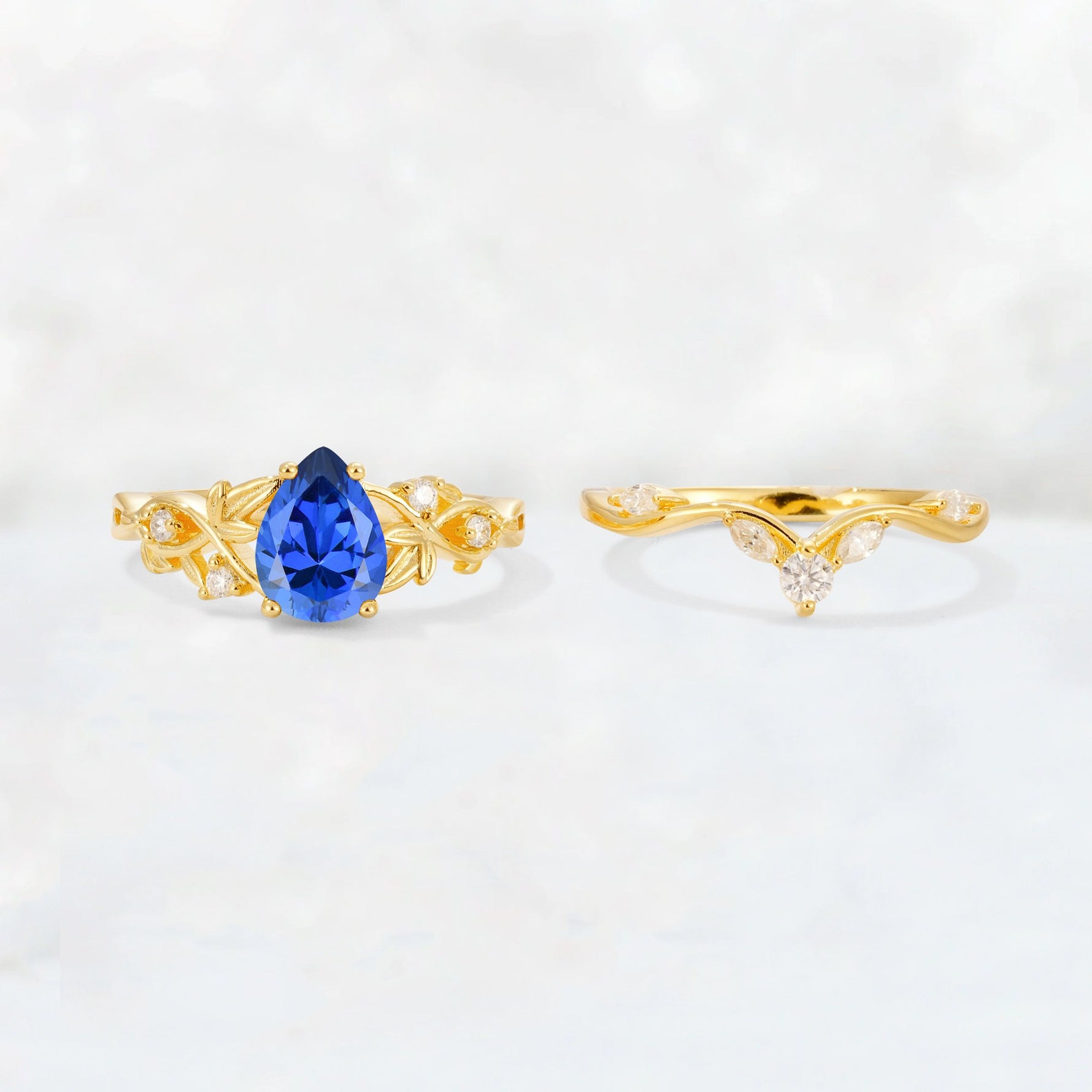 Pear Cut Sapphire Nature-Inspired Bridal Ring Set - White-Gold
