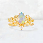 Pear Cut Fire Opal Nature-Inspired Bridal Ring Set - Yellow-Gold