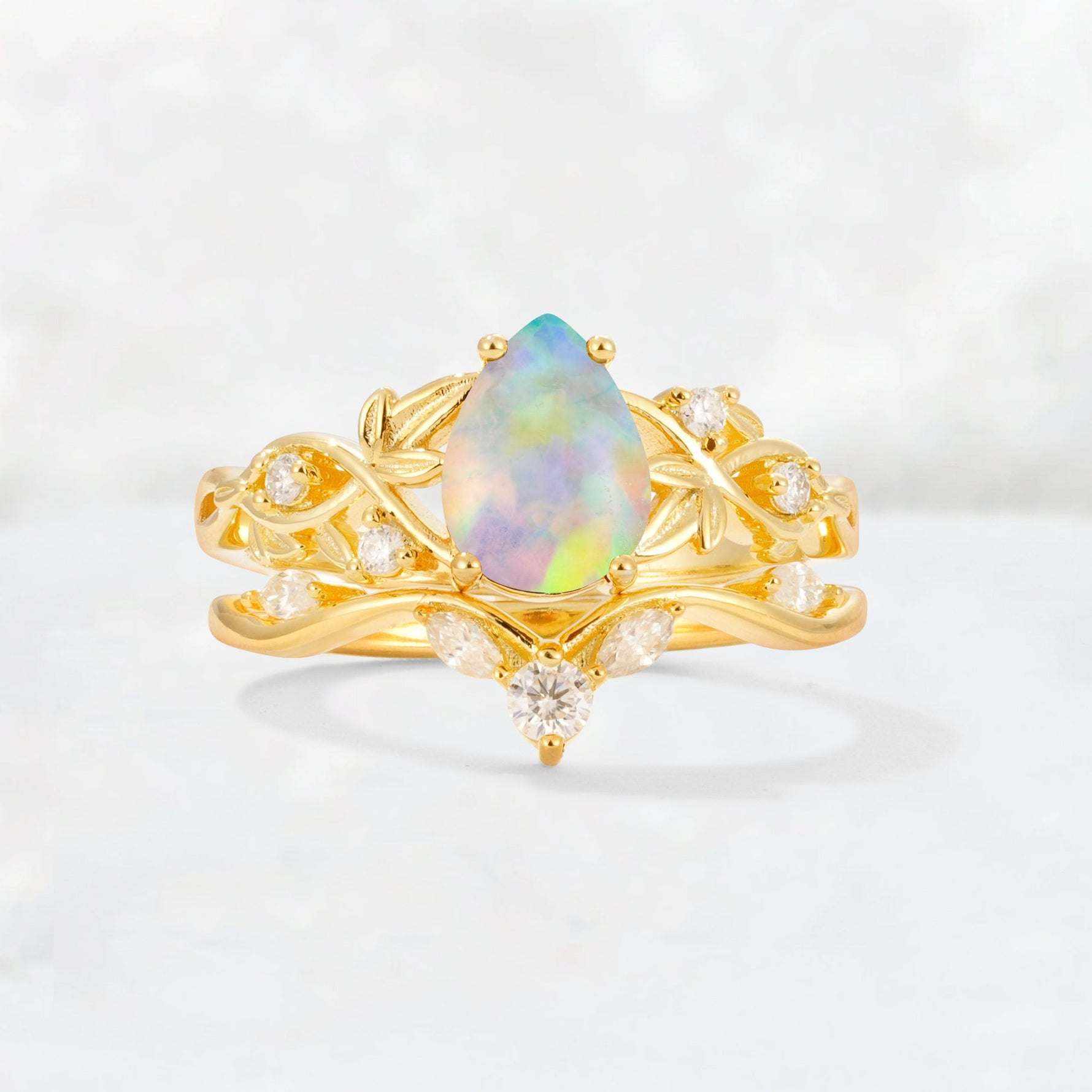 Pear Cut Fire Opal Nature-Inspired Bridal Ring Set - Yellow-Gold