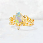 Pear Cut Fire Opal Nature-Inspired Bridal Ring Set - Rose-Gold