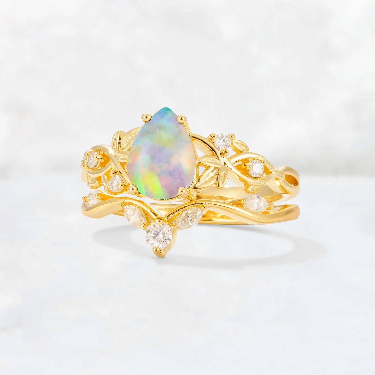 Pear Cut Fire Opal Nature-Inspired Bridal Ring Set - Rose-Gold