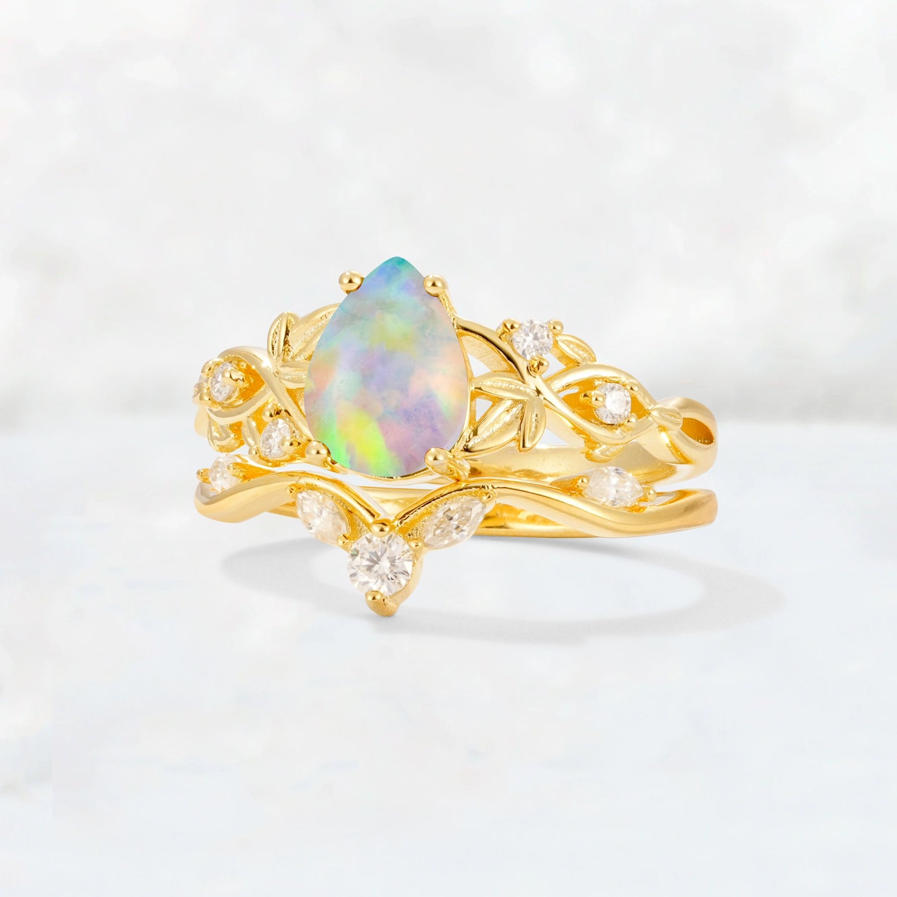 Pear Cut Fire Opal Nature-Inspired Bridal Ring Set - Rose-Gold