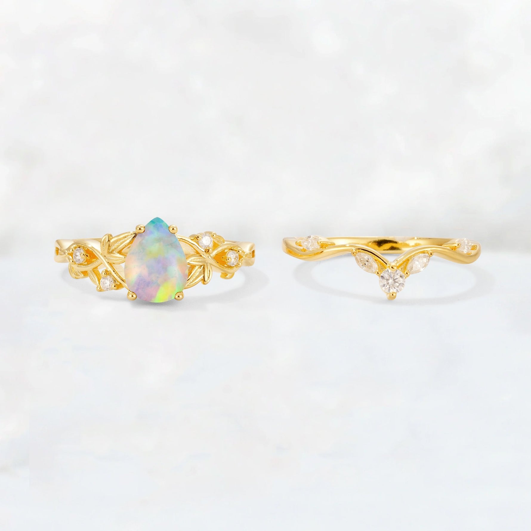 Pear Cut Fire Opal Nature-Inspired Bridal Ring Set - White-Gold