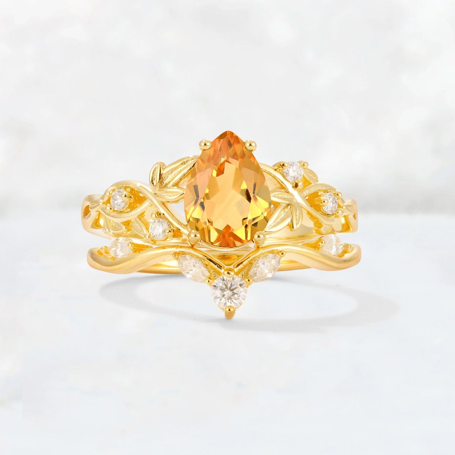 Pear Cut Citrine Nature-Inspired Bridal Ring Set - Yellow-Gold
