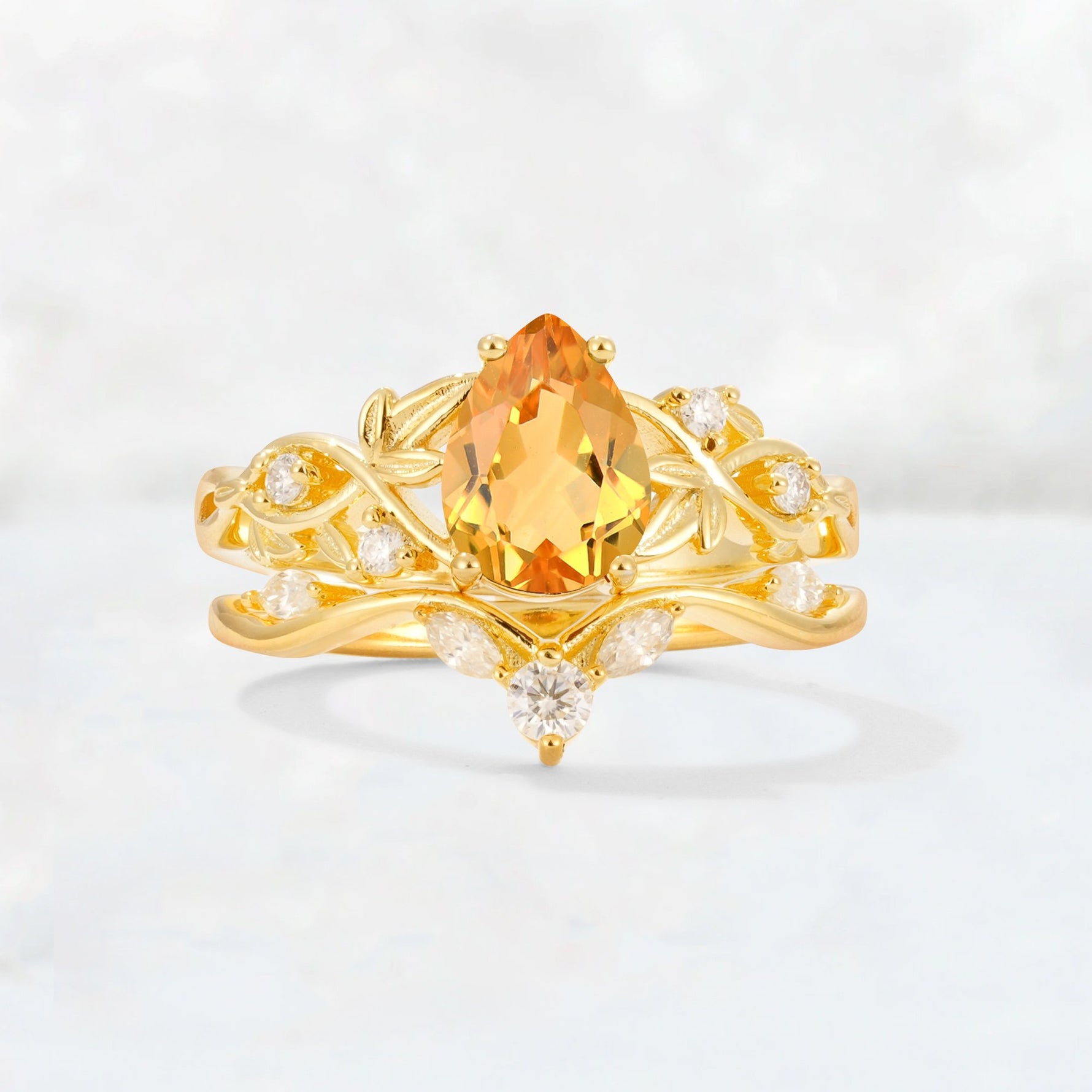 Pear Cut Citrine Nature-Inspired Bridal Ring Set - Yellow-Gold