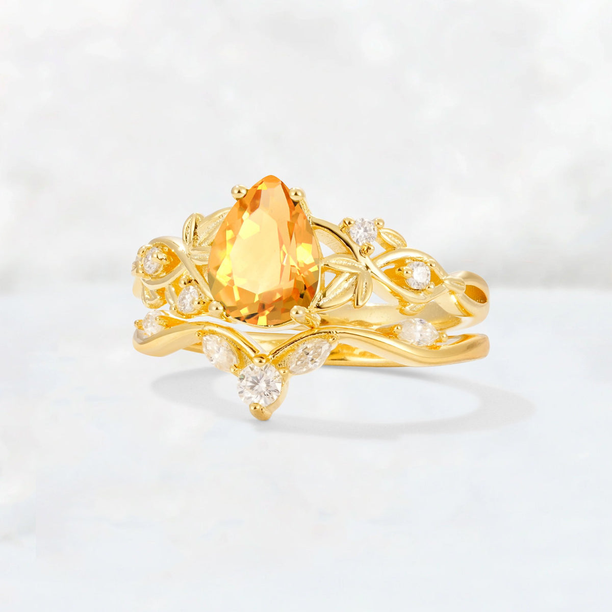 Pear Cut Citrine Nature-Inspired Bridal Ring Set - Rose-Gold