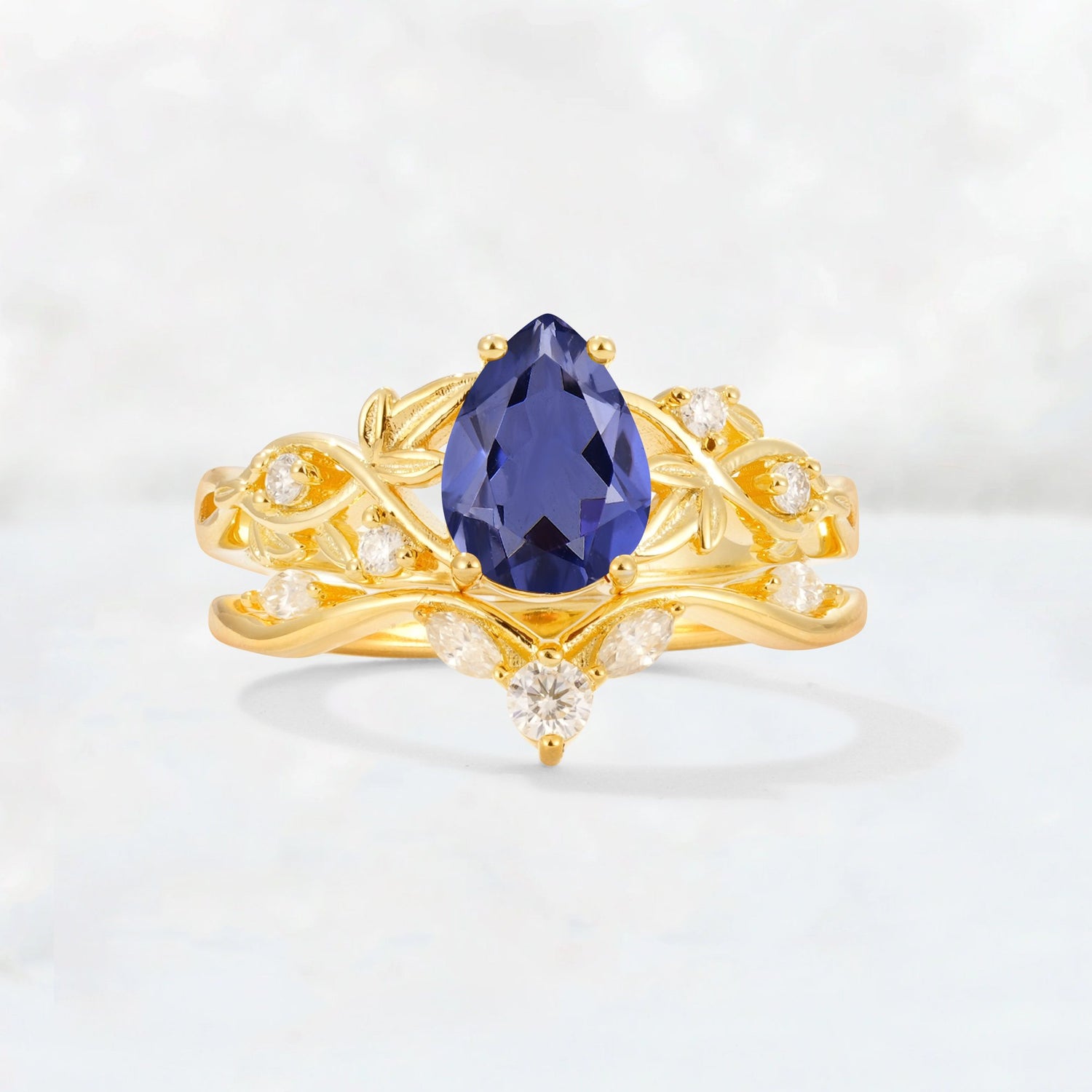 Pear Cut Tanzanite Nature-Inspired Bridal Ring Set - Yellow-Gold