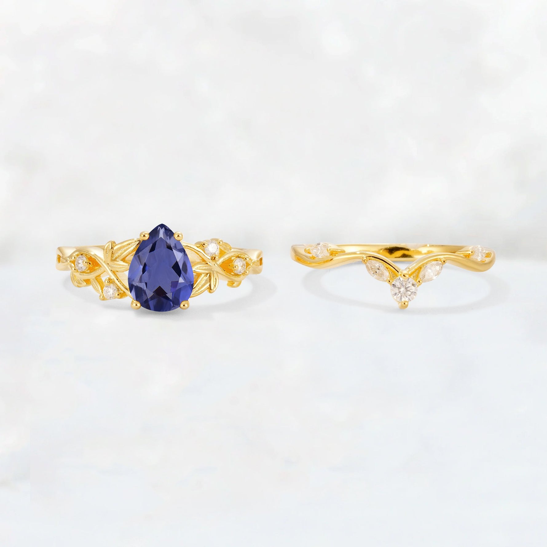 Pear Cut Tanzanite Nature-Inspired Bridal Ring Set - White-Gold