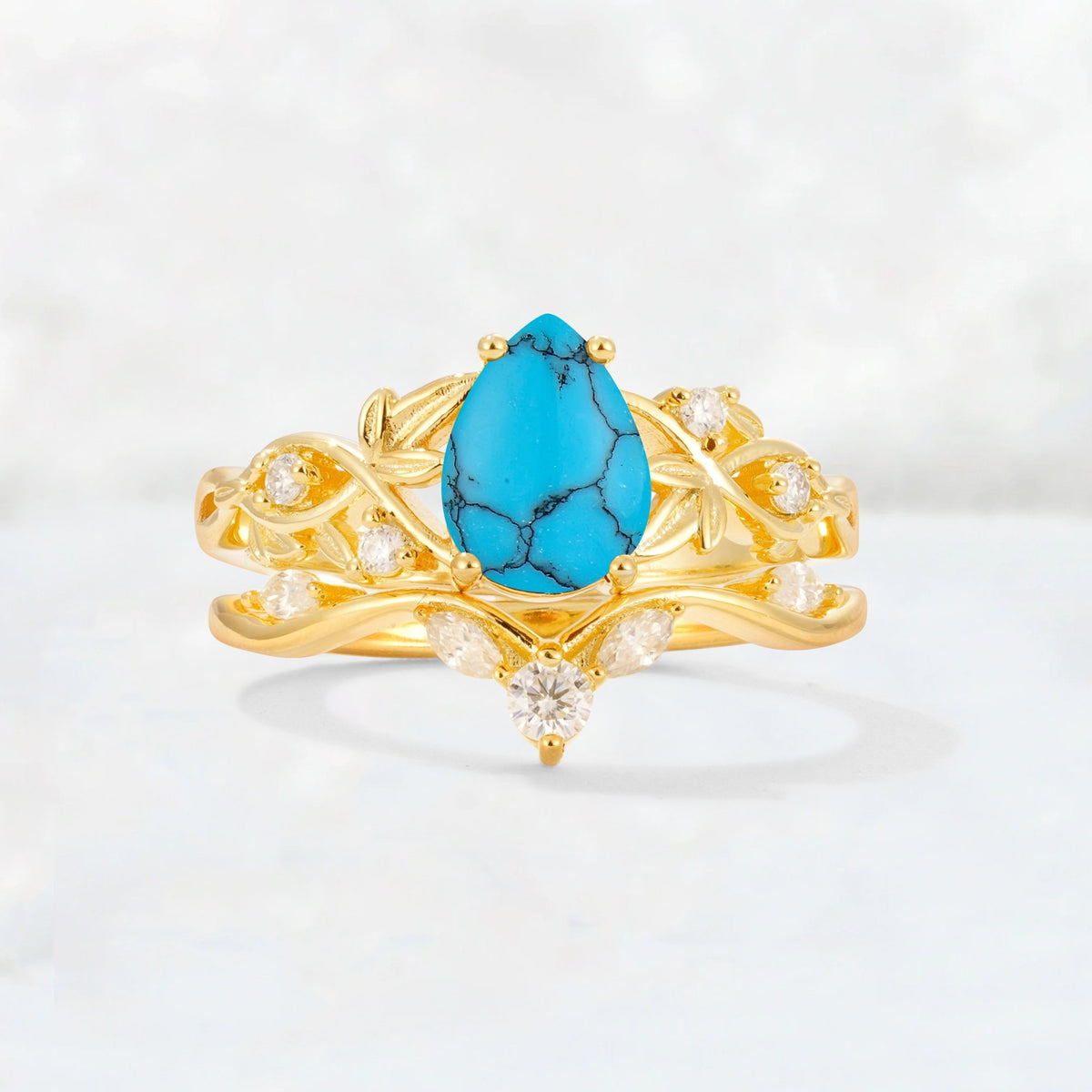 Pear Cut Turquoise Nature-Inspired Bridal Ring Set - Yellow-Gold