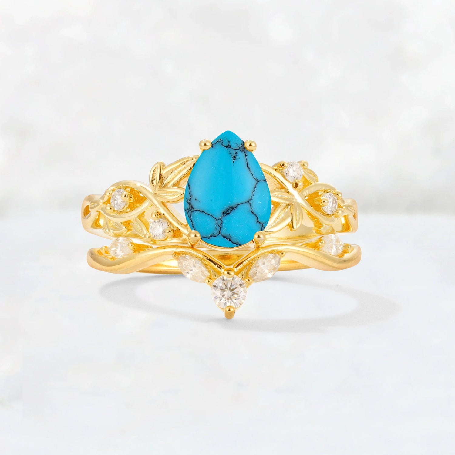 Pear Cut Turquoise Nature-Inspired Bridal Ring Set - Yellow-Gold
